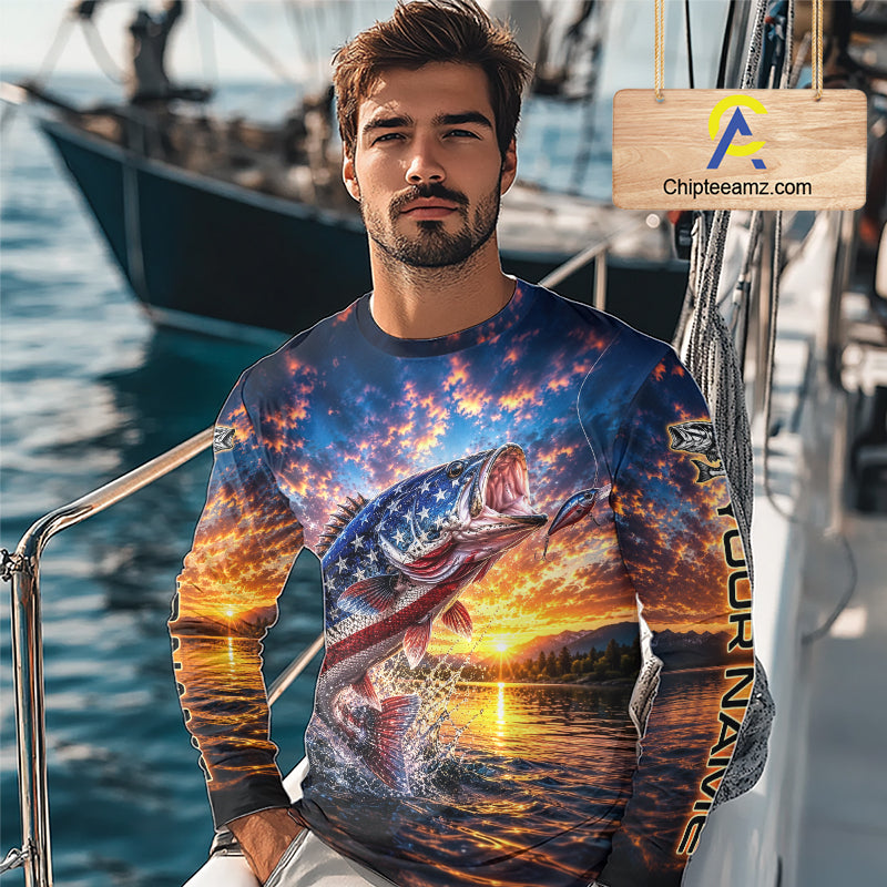 American Flag Bass Fishing Jersey – Patriotic Sunset Lake Angler Long Sleeve For Men