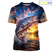 Load image into Gallery viewer, American Flag Bass Fishing Jersey – Patriotic Sunset Lake Angler T-Shirt For Men NHT1031