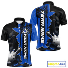 Load image into Gallery viewer, Men's custom bowling tournament polo shirt – blue personalized team bowling jersey close-up