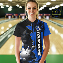 Load image into Gallery viewer, Women's Custom Bowling Tournament Polo Shirt &amp; 1/4 Zip – Personalized Team Bowling Jersey| Blue NHT1196