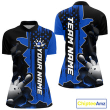 Load image into Gallery viewer, Women's blue 1/4 zip bowling tournament shirt – lightweight breathable personalized team bowling jersey