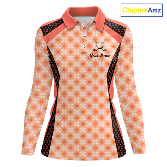 Custom Womens Coral Golf Polo, Personalized Geometric Pattern Golf Shirt With Name, Pink Golf Jersey NHT701