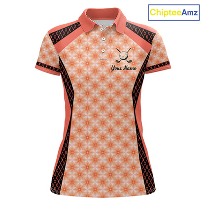 Custom Womens Coral Golf Polo, Personalized Geometric Pattern Golf Shirt With Name, Pink Golf Jersey NHT701