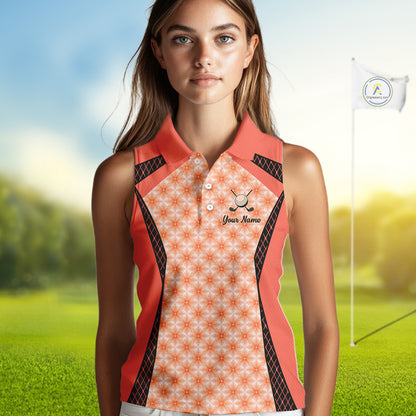 Custom Womens Sleeveless Coral Golf Polo, Personalized Geometric Pattern Golf Shirt With Name, Pink Golf Jersey NHT701