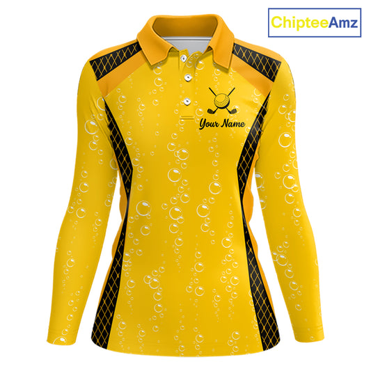Custom Womens Beer Bubbles Golf Polo Shirt, Personalized Yellow Beer Themed Golf Jersey With Name, Gift For Golfer NHT703