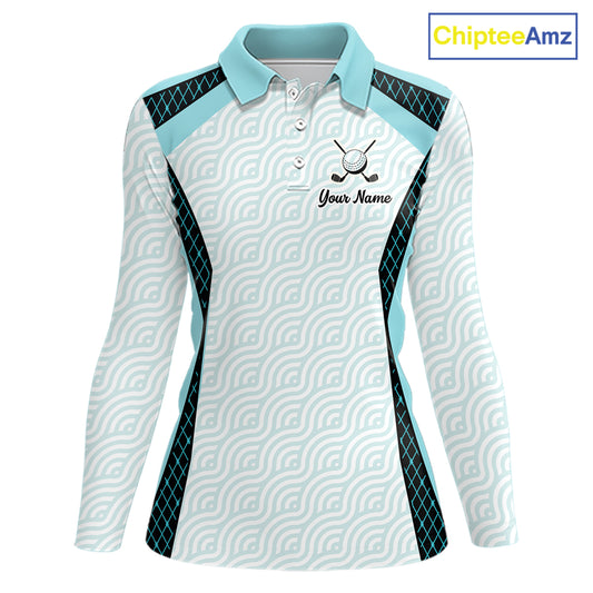 Personalized Aqua Sea Wave Golf Shirt With Name, Elegant Women's Sportswear, Stylish Womens Golf Jersey NHT704