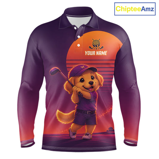 Personalized Golden Retriever Dog Golf Shirt - Retro Sunset Golf Polo Shirt For Men