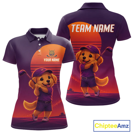 Personalized Golden Retriever Dog Golf Shirt - Retro Sunset Womens Golf Polo Shirt