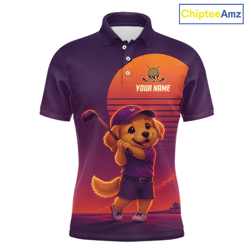 Personalized Golden Retriever Dog Golf Shirt - Retro Sunset Golf Polo Shirt For Men