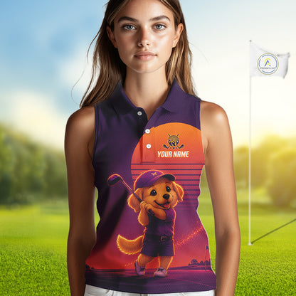 Personalized Golden Retriever Dog Golf Shirt - Retro Sunset Womens Sleeveless Golf Polo Shirt 