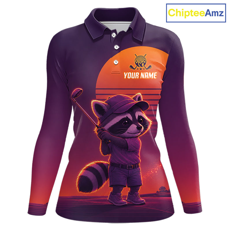 Personalized Raccoon Golf Shirt - Retro Sunset Womens Golf Polo Shirt