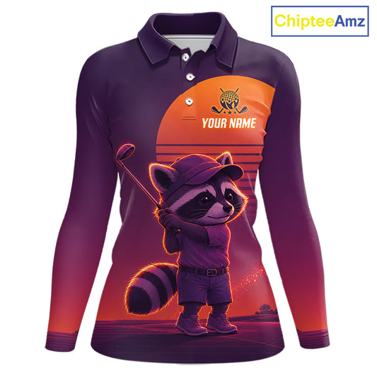 Personalized Raccoon Golf Shirt - Retro Sunset Womens Golf Polo Shirt