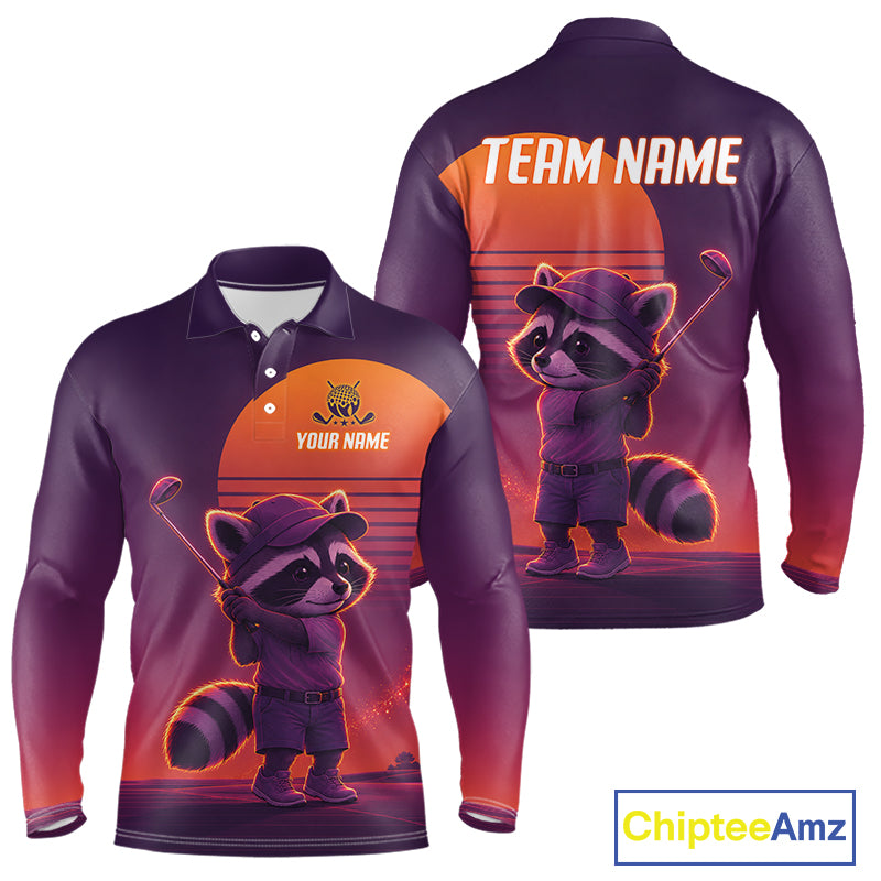 Personalized Raccoon Golf Shirt - Retro Sunset Golf Polo Shirt For Men