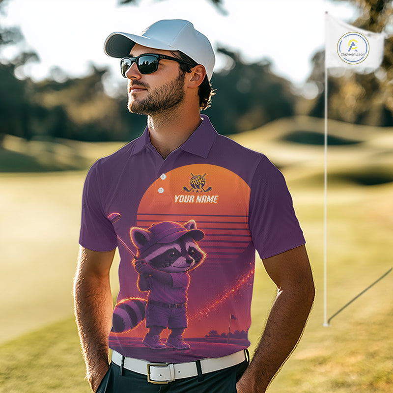 Personalized Raccoon Golf Shirt - Retro Sunset Golf Polo Shirt For Men