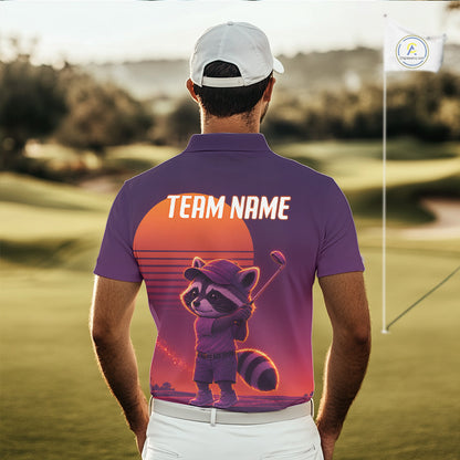 Personalized Raccoon Golf Shirt - Retro Sunset Golf Polo Shirt For Men