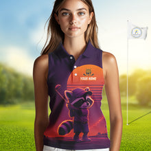 Load image into Gallery viewer, Personalized Raccoon Golf Shirt - Retro Sunset Womens Sleeveless Golf Polo Shirt 