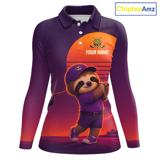 Personalized Sloth Golf Shirt - Retro Sunset Womens Golf Polo Shirt
