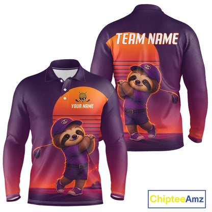 Personalized Sloth Golf Shirt - Retro Sunset Golf Polo Shirt For Men