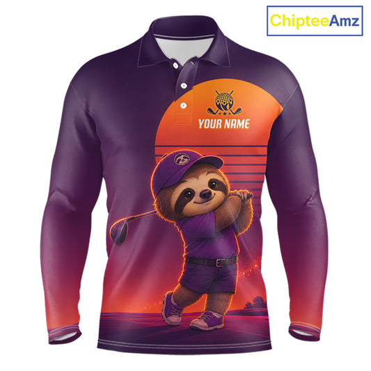 Personalized Sloth Golf Shirt - Retro Sunset Golf Polo Shirt For Men