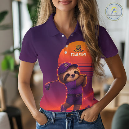 Personalized Sloth Golf Shirt - Retro Sunset Womens Golf Polo Shirt NHT1037