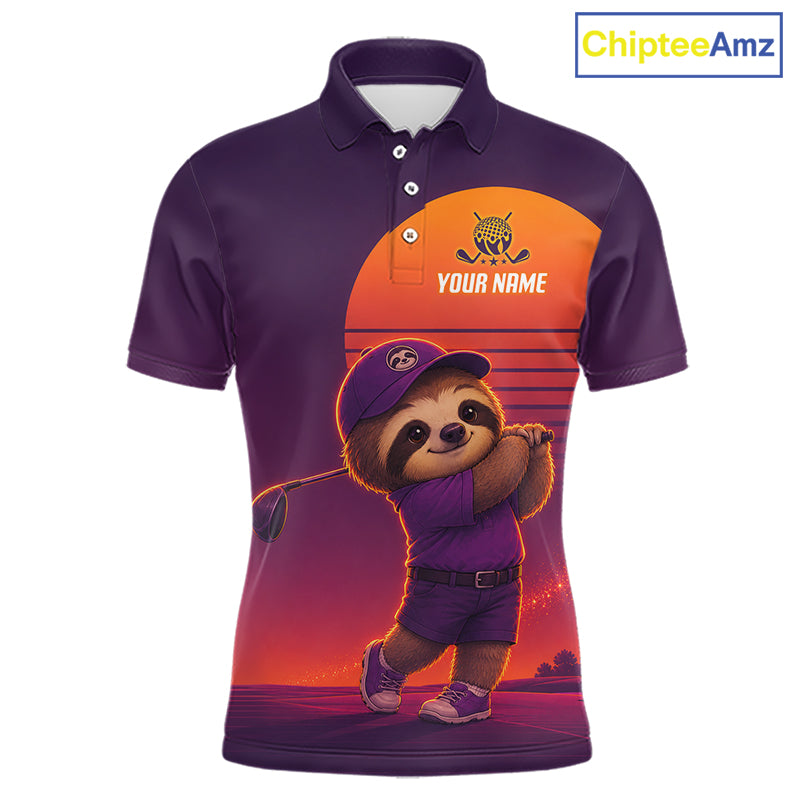 Personalized Sloth Golf Shirt - Retro Sunset Golf Polo Shirt For Men
