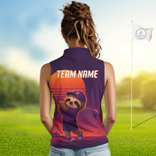Load image into Gallery viewer, Personalized Sloth Golf Shirt - Retro Sunset Womens Sleeeveless Golf Polo Shirt 