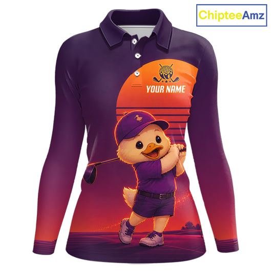 Personalized Duck Golf Shirt - Retro Sunset Womens Golf Polo Shirt