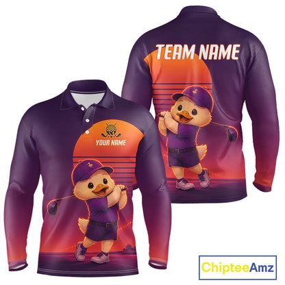 Personalized Duck Golf Shirt - Retro Sunset Golf Polo Shirt For Men