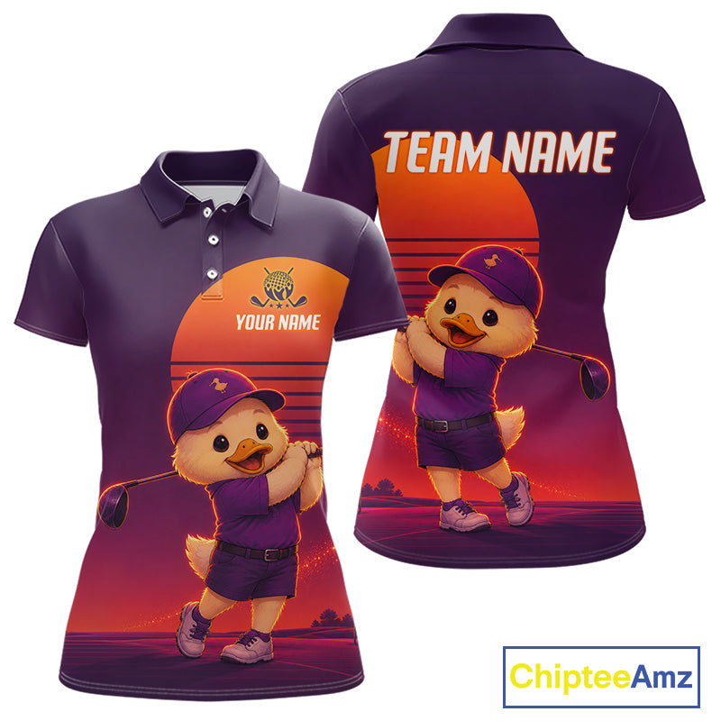 Personalized Duck Golf Shirt - Retro Sunset Womens Golf Polo Shirt