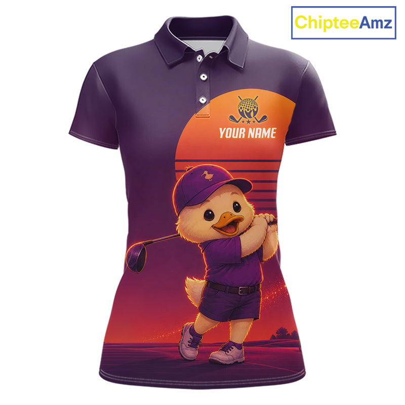 Personalized Duck Golf Shirt - Retro Sunset Womens Golf Polo Shirt