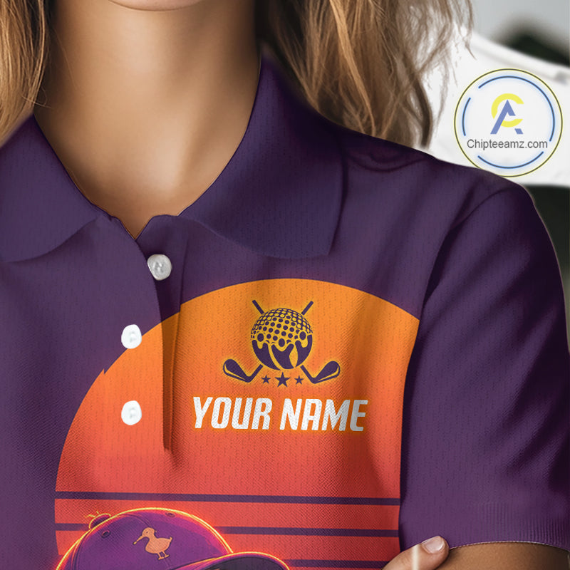 Personalized Duck Golf Shirt - Retro Sunset Womens Golf Polo Shirt