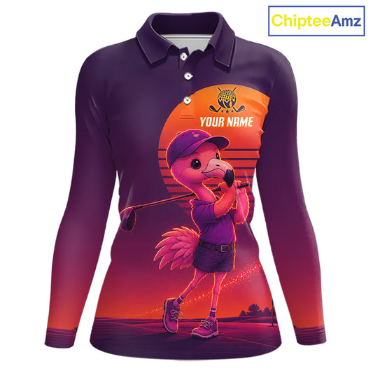 Personalized Flamingo Golf Shirt - Retro Sunset Womens Golf Polo Shirt