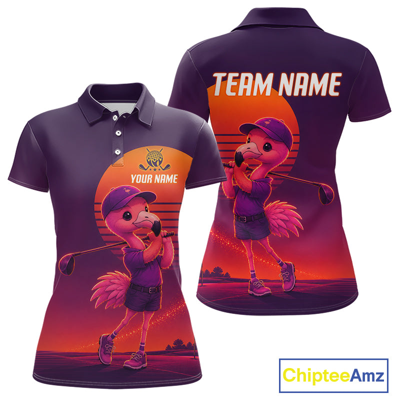 Personalized Flamingo Golf Shirt - Retro Sunset Womens Golf Polo Shirt