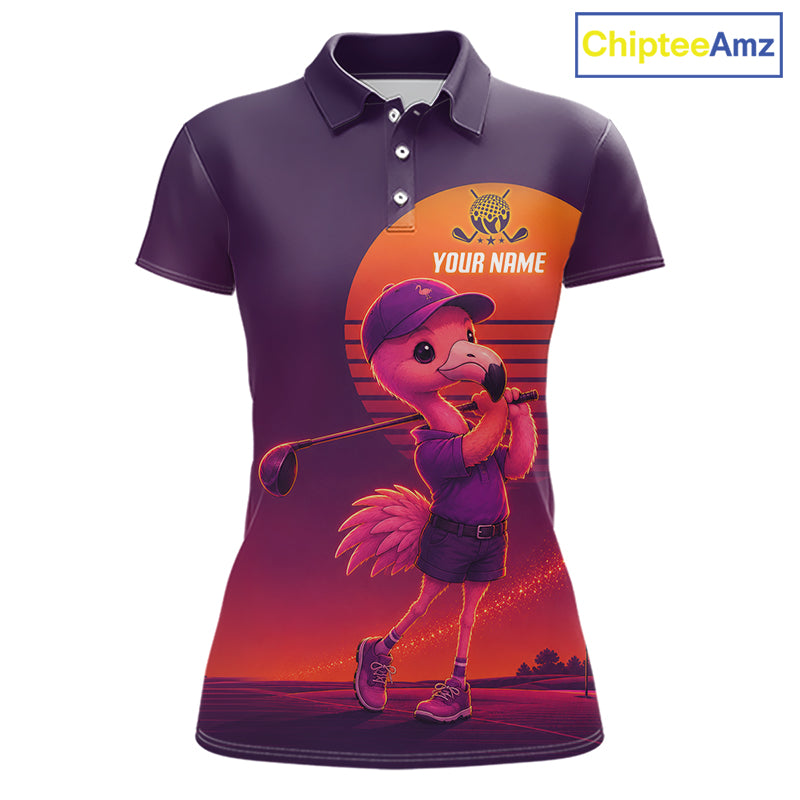 Personalized Flamingo Golf Shirt - Retro Sunset Womens Golf Polo Shirt