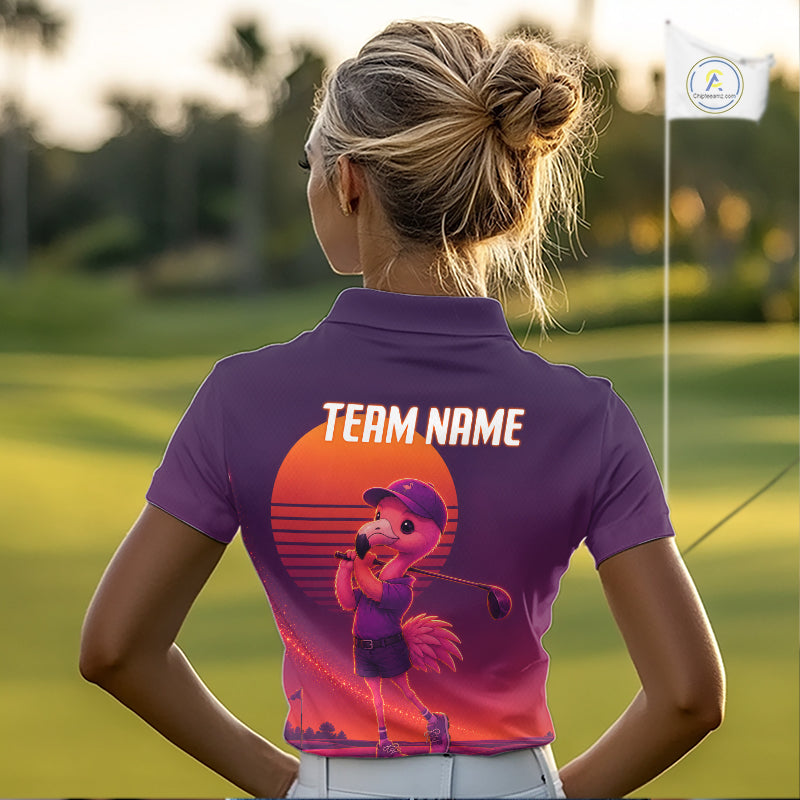 Person wearing a purple golf shirt with a flamingo graphic and 'Team Name' text on a golf course.