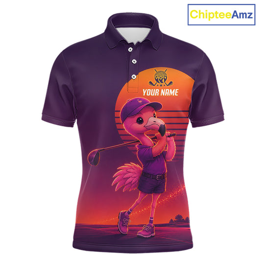 Personalized Flamingo Golf Shirt - Retro Sunset Golf Polo Shirt For Men
