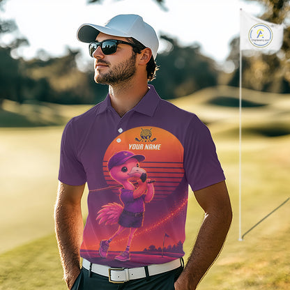 Man wearing a purple golf shirt with a character design on a golf course