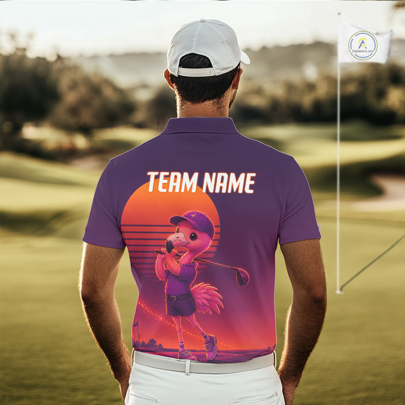 Person wearing a purple golf shirt with a graphic design and 'Team Name' text on a golf course.