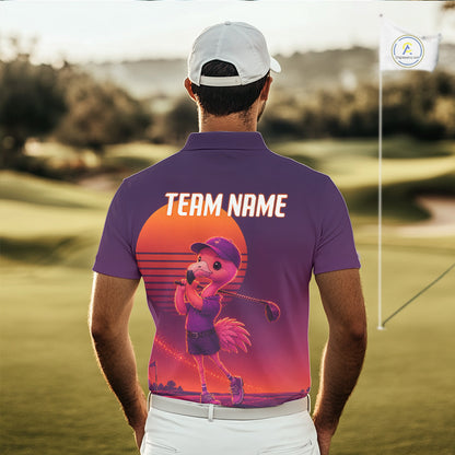 Person wearing a purple golf shirt with a graphic design and 'Team Name' text on a golf course.