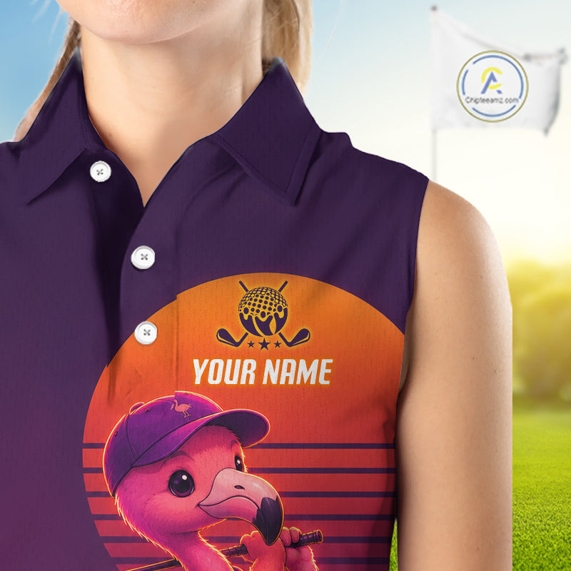 Personalized Flamingo Golf Shirt - Retro Sunset Womens Sleeeveless Golf Polo Shirt 