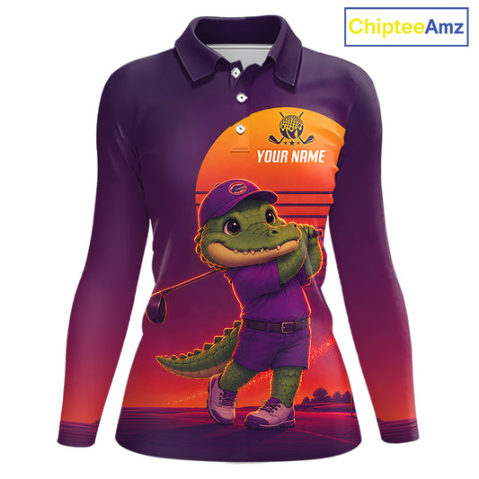 Personalized Alligator Golf Shirt - Retro Sunset Womens Golf Polo Shirt 