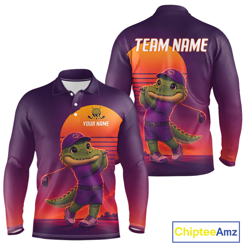 Personalized Alligator Golf Shirt - Retro Sunset Golf Polo Shirt For Men