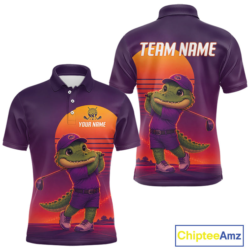 Personalized Alligator Golf Shirt - Retro Sunset Golf Polo Shirt For Men