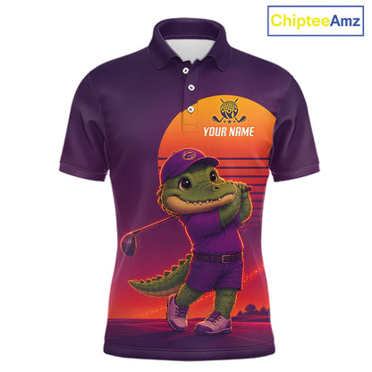 Personalized Alligator Golf Shirt - Retro Sunset Golf Polo Shirt For Men