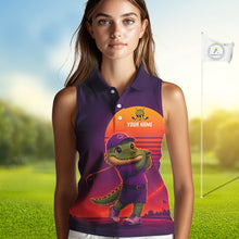 Load image into Gallery viewer, Personalized Alligator  Golf Shirt - Retro Sunset Womens Sleeeveless Golf Polo Shirt 