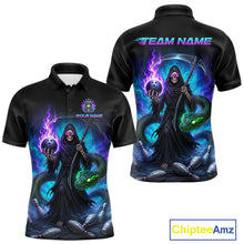 Load image into Gallery viewer, Men's custom bowling jersey with Grim Reaper design – short sleeve polo close-up