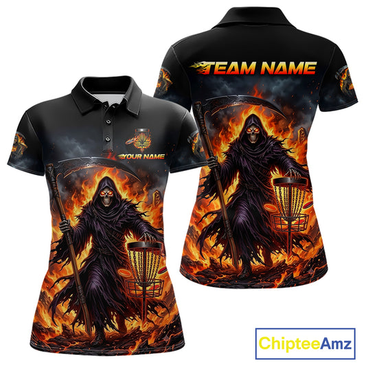 Personalized womens disc golf polo shirt, flaming grim reaper death graphic 3D printed jersey, front view.