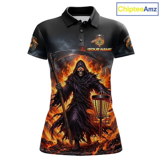 Personalized womens disc golf polo shirt, flaming grim reaper death graphic 3D printed jersey, front view.