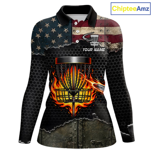 Fire basket sports apparel women disc golf shirt, USA flag print, short sleeve polo, custom name detail.