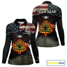 Load image into Gallery viewer, Fire basket sports apparel women disc golf shirt, USA flag print, short sleeve polo, custom name detail.